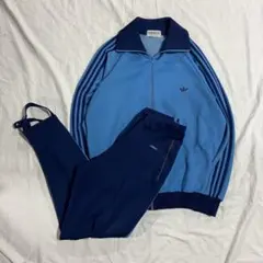 80s adidas デサント製 上下　セットアップ　ジャージ　青 刺繍ロゴ