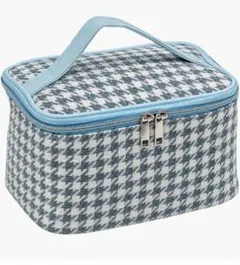 新品 千鳥格子 コスメポーチ 化粧ポーチ 大容量 ブルー 収納バッグ