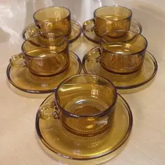 昭和レトロ ガラス ティーカップ 琥珀色 ソーサー セット 5個