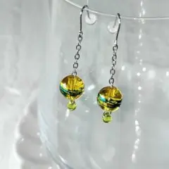 no1015和風水風船イエローペイントガラスグリーン涙ピアス　316L 　夏