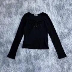 【リアマティン】編み上げ カットソー リブ素材 スタイルアップ ショート丈