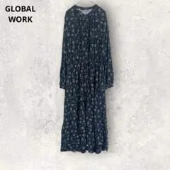 グローバルワーク　長袖シャツワンピース　ロング丈　花柄　ネイビー　L