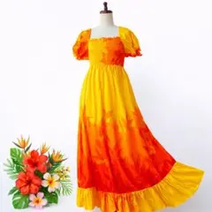 ハワイ製 フラドレス 花柄 オレンジ グラデーション マキシ丈 シャーリング F