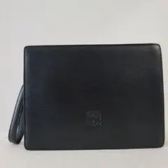 極美品】ロエベ クラッチバッグ リネン アナグラム レザー ブラック A4 