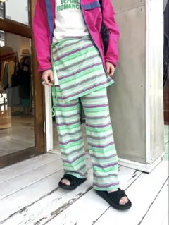 ビームスボーイ パンツ スカート付 ボーダー イージーパンツ　グリーン　緑のサムネイル