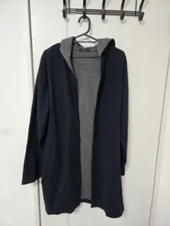 SizeL　COMME CA ISM　フード付きネイビーグレーロングカーディガン