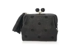 【美品】perche アクリル玉　本革 がま口 二つ折り財布　ブラックドットのサムネイル
