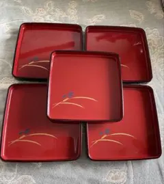 会津うるし塗り　手描き蒔絵　角皿　5枚セット