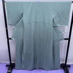 ★4074★ 訪問着 灰緑色 刺繍柄 袷 紋入り