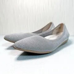 ステッピ 洗える ニットパンプス ポインテッドトゥ シルバー フラット　24cm