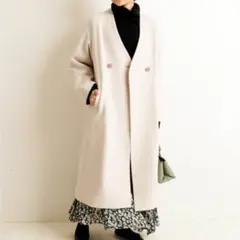 スローブイエナ　スーパー100　上質ウールロングコート　ノーカラー　大きめ