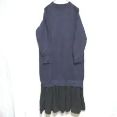 ネイビー ブラック L 長袖 ニット ワンピース レディース 古着 春ワンピ