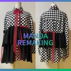 古着リメイク　チェック柄シャツドレス（赤リボン付き）　フリルチュニックブラウス