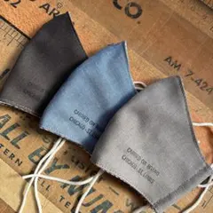 ハンドメイド布マスク★10066 子供用 グレー ブルー ブラック 黒系。白ゴム