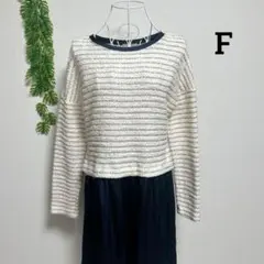 ♤ローズバッド・F アイボリー・ネイビー 長袖ニット ひざ丈ワンピースのサムネイル