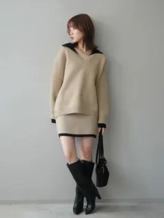 【新品】配色襟ニット＆ミニスカートセットアップ /lumier同型 ベージュ