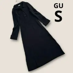 GU ジーユー　リブニットワンピース　ハーフボタン　長袖　ブラック　S