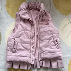 ピンク フード付きダウンベスト フリル裾