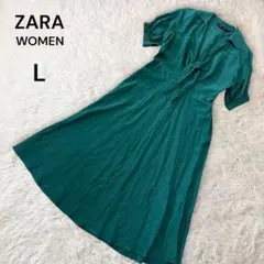 ザラウーマン パフスリーブ リネン ロングワンピース シャツワンピース リボン