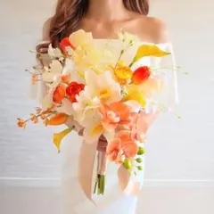 オレンジ　アーティフィシャルフラワー　ウェディング　ブーケ　造花　胡蝶蘭