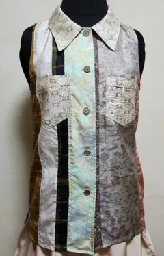 正絹大島紬着物リメイク縦パッチワークレディースノ－スリ－ブシャツ