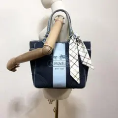 A702 COACH トートバッグ キャンバス×レザー A4可能 ネイビー