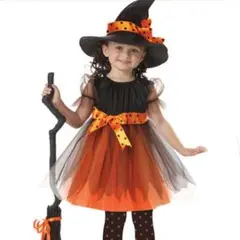 魔女 女の子 コスプレ ハロウィン 140 オレンジ キッズ