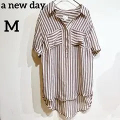 限定★a new day 【M】ストライプシャツ ブラウス 半袖シャツ 薄手