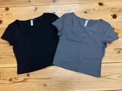 ブラック・グレー クルーネック半袖Tシャツ2枚セット/クロップド丈