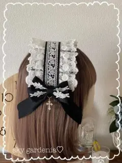 ♡ ホワイトレース白ローズ &黒リボンヘッドドレスロリータ量産型卒業式ゴスロリ♡