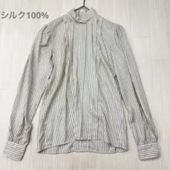 モックネック バック ボタンダウン ストライプ シルク シャツ 長袖