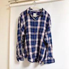 ネイビーとピンクのチェック柄長袖シャツ【XXL】