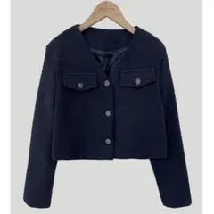 Vネックゴールドボタンツイードジャケット ショート丈