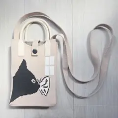 スマホショルダー ポシェット シリコンバッグ サコッシュ 黒猫 蝶々 ねこ柄 白