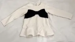 petit main長袖カットソー ホワイト/ブラック フリル裾