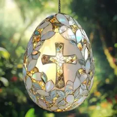 サンキャッチャー　美しいイースターエッグと十字架　ステンドグラス風　壁掛け