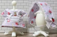 ぬい服 いちごエプロンワンピース(パープル)5 ハンドメイド品