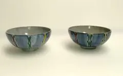青色 陶器 飯碗 2個セット　林泉窯