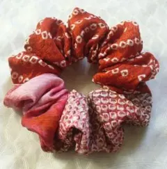 最後 ゴム交換可能 総絞り 鹿の子 赤系 フリル シュシュ シルク 着物リメイク