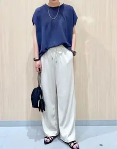 ジーユー ＊ リブプルオンパンツ ワイド ウエストゴム ナチュラル 白 春 夏