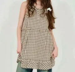 TINA：JOJUN 裾フリル ノースリーブ チェックワンピース ブラウン