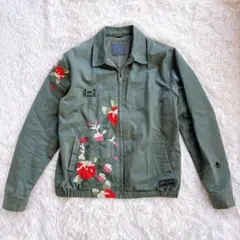 良品 ザラマンZARA MAN ミニタリージャケット刺繍入り カーキ花柄メンズのサムネイル