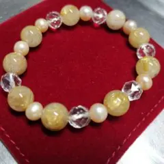 金運アップ、ルチルクォーツ、パール、カットクリアクォーツ、天然石ブレスレット