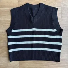 【未使用品】無印良品 洗える畦編みショート丈 Vネックベスト ボーダー M 白黒
