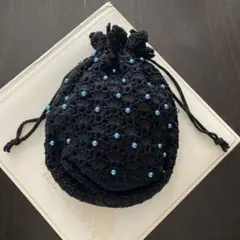 ハンドメイド　黒コットン手編み巾着型ポーチ