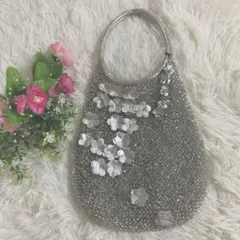 アンテプリマ ワイヤーバッグ シルバーパーティーバッグ お花のストラップ付き