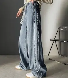 JaVa フリンジ付きデニムパンツ ワイドレッグ