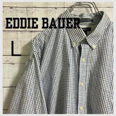 【Eddie Bauer】ギンガムチェック風長袖シャツ L 白×ブルー
