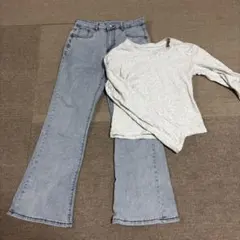ライトブルー フレアデニムパンツ 2点セット
