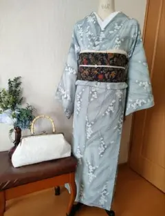 洗える着物*新品*水色*花柄*袷65*裄丈*小紋*大塚呉服店*撫松庵*ふりふ*